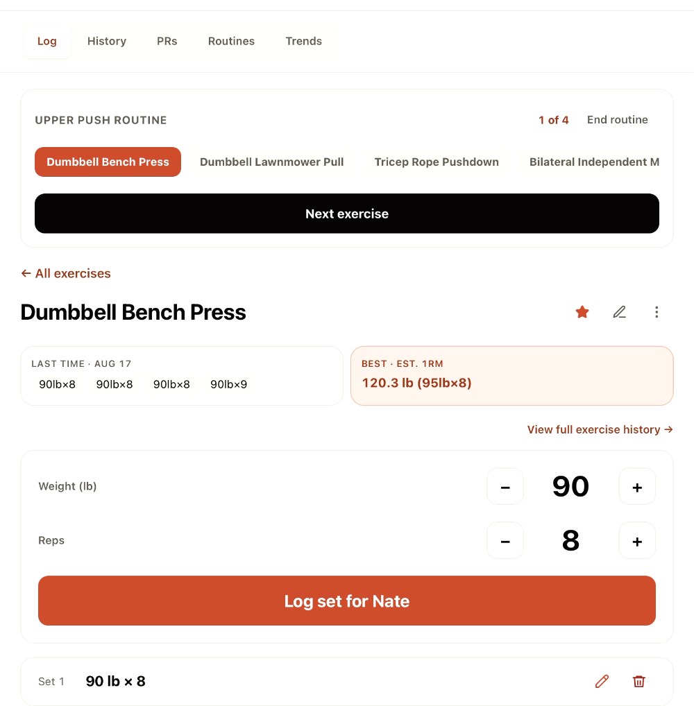 Dumbbell Bench Press in Huddle mid-routine: last time was 90 lb for 8, 8, 8 and 9 reps; weight and reps steppers set to 90 and 8 above a Log set for Nate button; Set 1 already logged at 90 lb x 8.