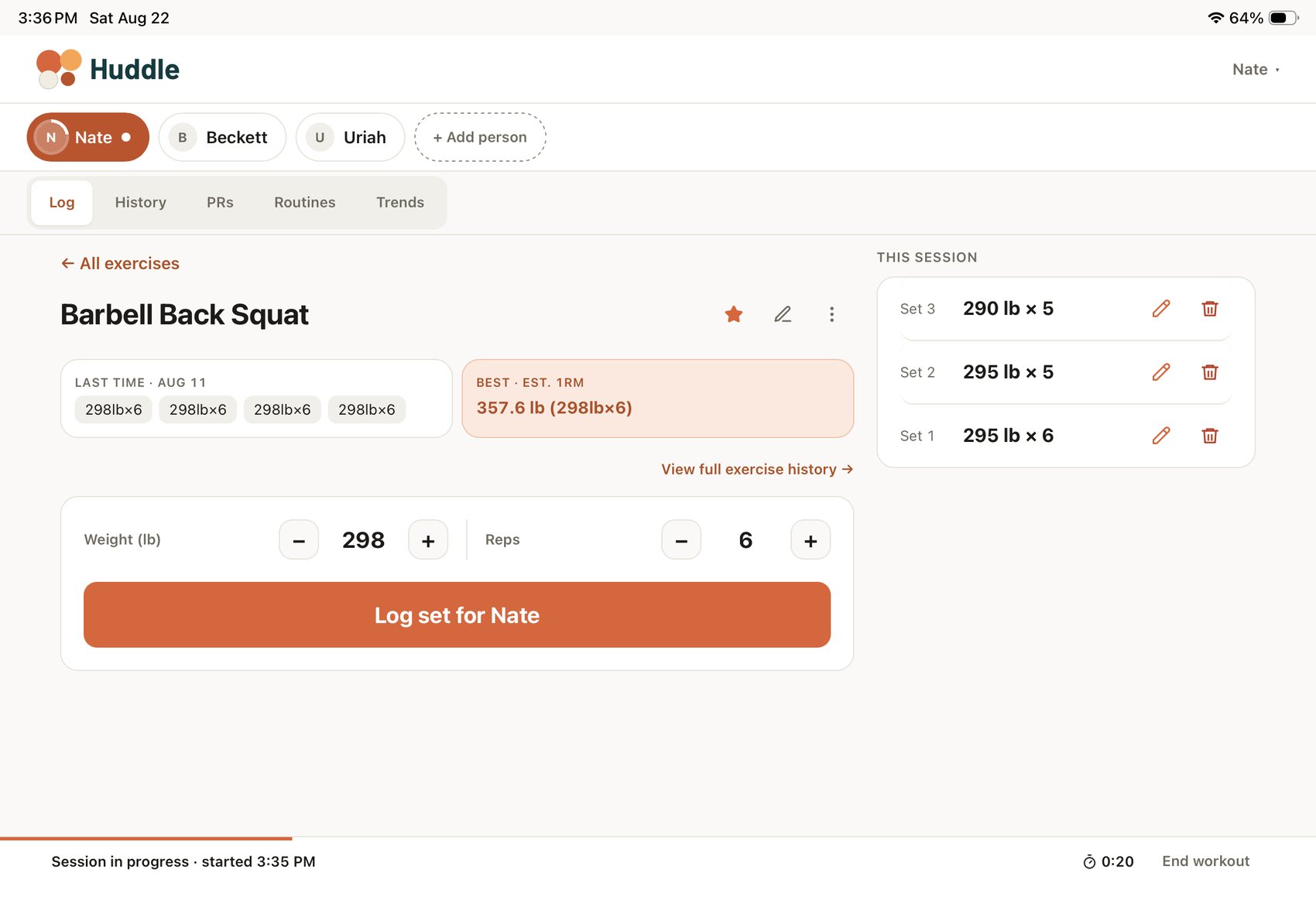 Huddle on an iPad: Nate, Beckett and Uriah along the top, Barbell Back Squat open, and three sets logged this session.