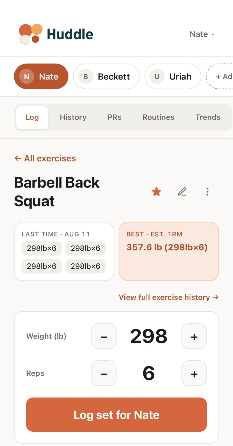 Huddle on an iPhone: Barbell Back Squat open, last time 298 lb for four sets of 6, weight and reps steppers set to 298 and 6 above a Log set for Nate button.